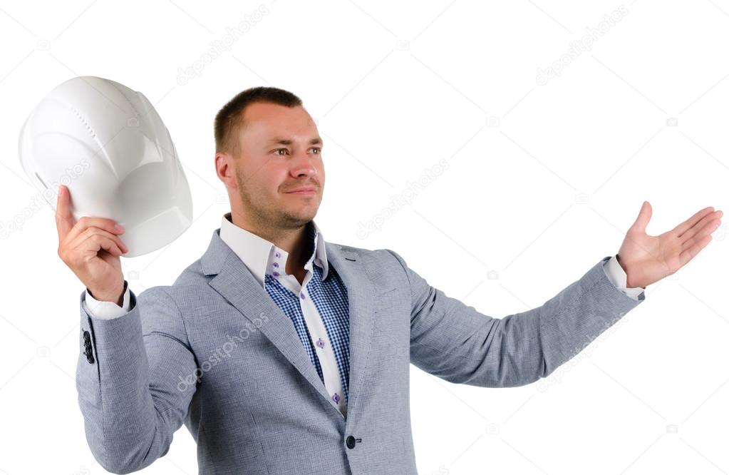Open Armed Middle Age Engineer Holding Helmet