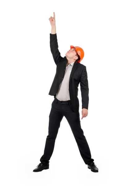 Architect or engineer pointing above his head — Stock Photo, Image
