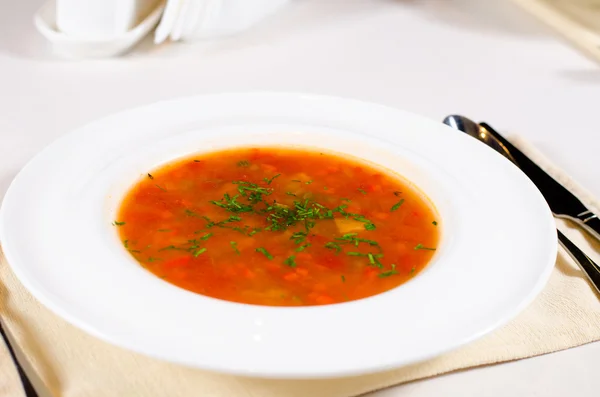 Schüssel mit würziger Gemüse-Minestrone-Suppe — Stockfoto