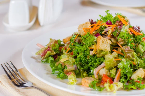 Deliciosa salada mista com croutons crocantes fritos — Fotografia de Stock