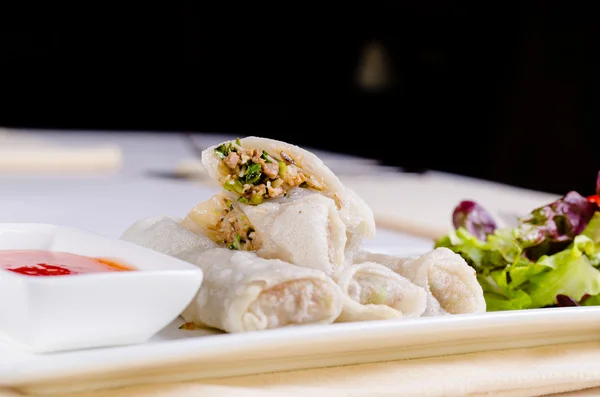 Healthy Meaty Spring Rolls with Dipping Sauce — Stock Photo, Image