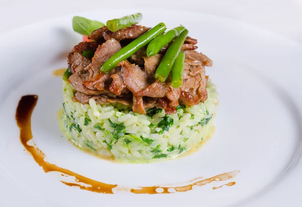 Tasty Beef Meat and Beans on Risotto Dish — Stock Photo, Image