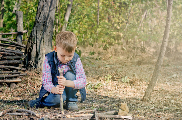 Cute Boy Playing at the Woodland During Autumn