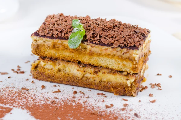 Rebanada de delicioso pastel con virutas de chocolate — Foto de Stock