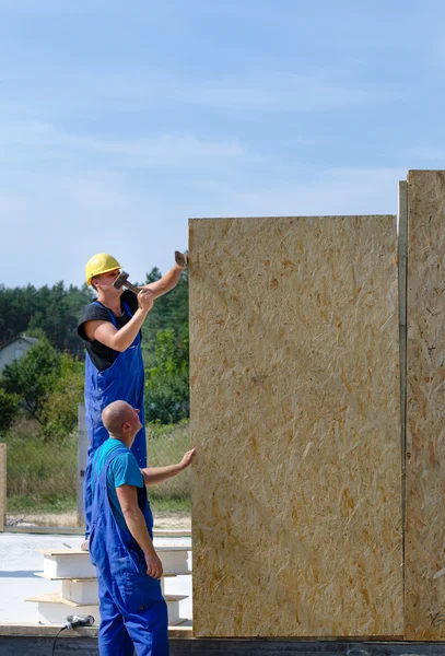 Två byggare installera trävägg paneler — Stockfoto
