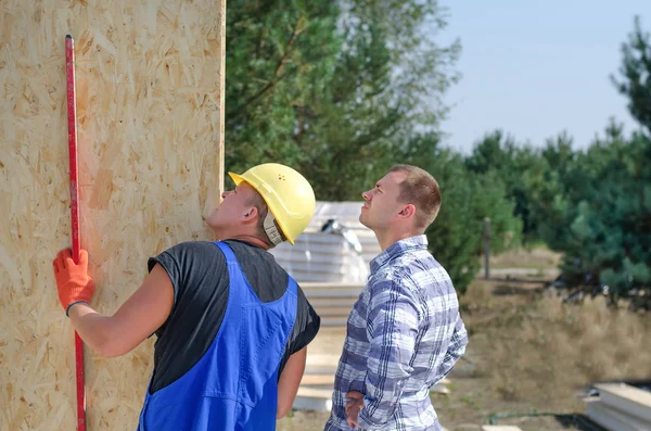 Builder and engineer checking a wooden wall panel