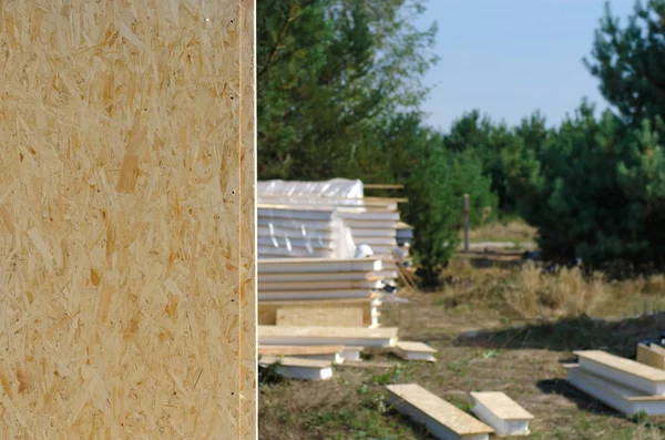 Building site with stacked wooden wall panels — Stock Photo, Image