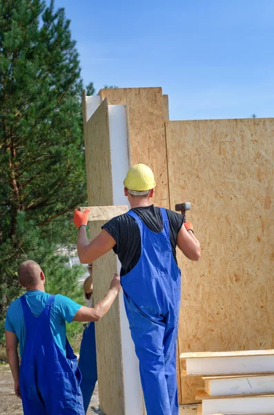 Twee bouwers installeren een houten wandpaneel — Stockfoto