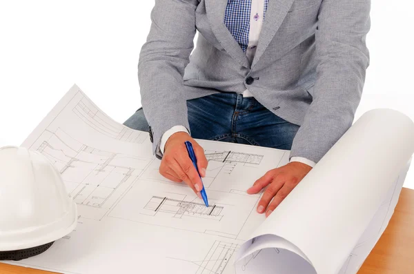 Engineer Reviewing the Project Design on Blueprint — Stock Photo, Image