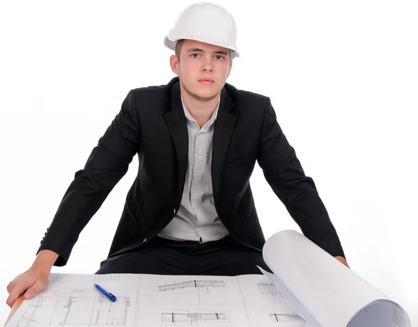 Young Engineer with Blueprint Looking at Camera — Stock Photo, Image