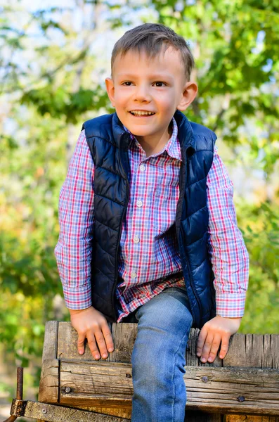 Happy little boy climbing over a fence — Stock Photo, Image