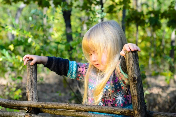 Blond tjej spelar på trä trädgård staket — Stockfoto