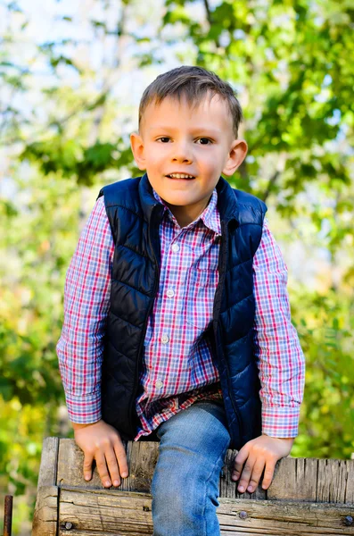 Happy little boy climbing over a fence — Stock Photo, Image