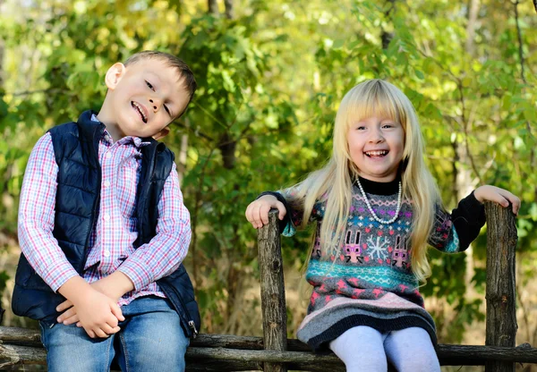 Glückliche kleine Kinder sitzen auf einem hölzernen Gartenzaun — Stockfoto