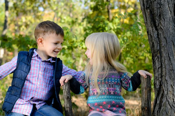 Kinder sitzen auf dem Zaun und halten sich an der Strebe fest — Stockfoto