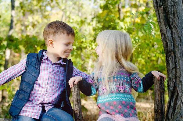 Happy Kids Sitting on the Fence Facing Each Other — Stock Photo, Image