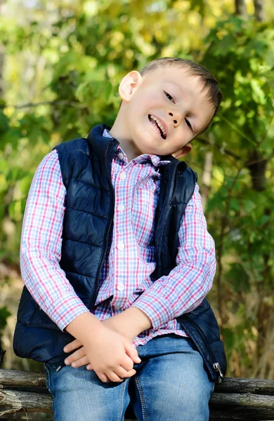 Schattige jongen zittend op houten hek glimlachen op Camera — Stockfoto