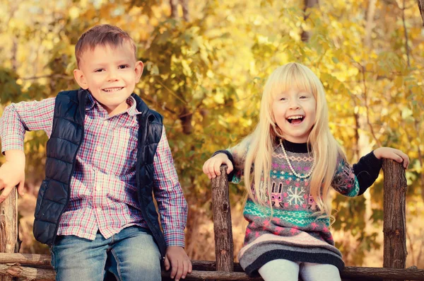 Niños felices sentados en una valla de jardín de madera — Foto de Stock