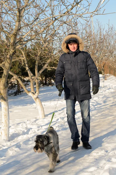 Uomo che porta a spasso il cane nella neve invernale — Foto Stock