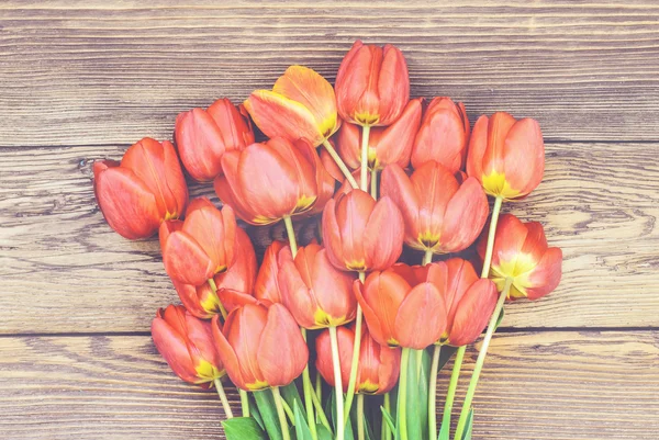 Tulipes rouges fraîches sur fond de bois texturé — Photo