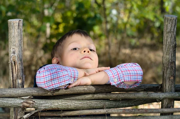 Niño apoyado en los brazos en la parte superior de la cerca de madera —  Fotos de Stock