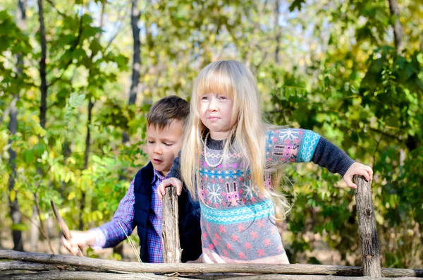 Дети в осеннем наряде играют на деревянном заборе — стоковое фото
