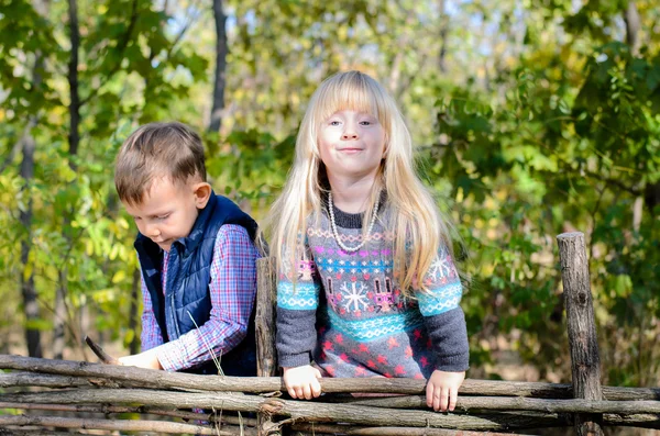 Niños en traje de otoño jugando en la valla de madera —  Fotos de Stock