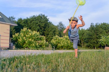 kelebek yakalamaya çalışan şirin komik küçük çocuk