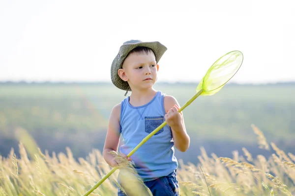 Ragazzo in campo con Bug Net verde — Foto Stock