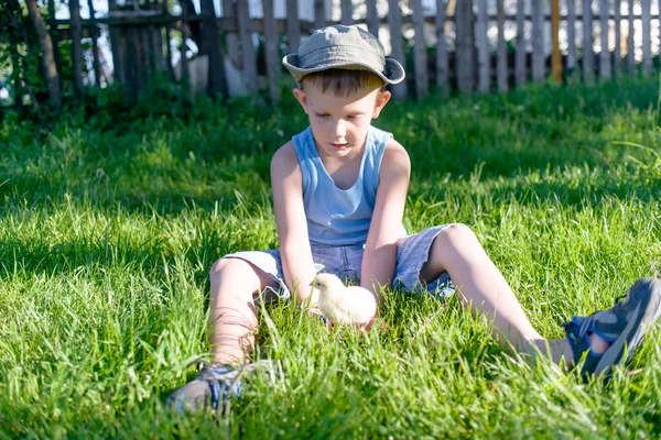 Menino sentado na grama brincando com Fuzzy Chick — Fotografia de Stock