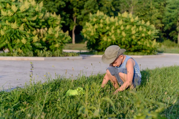 Young Boy Crouching in Grass on Lawn with Bug Net — Stock Photo, Image