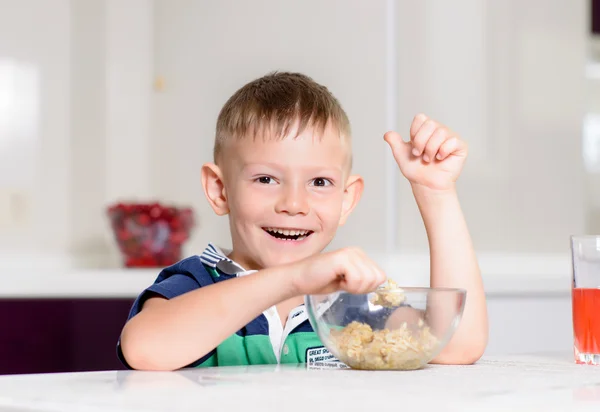 Boy Giving Thumbs Up to Cereal Breakfast — 스톡 사진