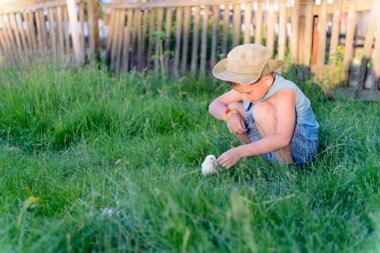 Küçük çocuk bir piliçle çiftlikte oynamak