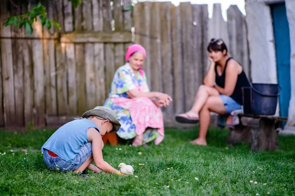 Mladý chlapec hraje s baby kuře — Stock fotografie