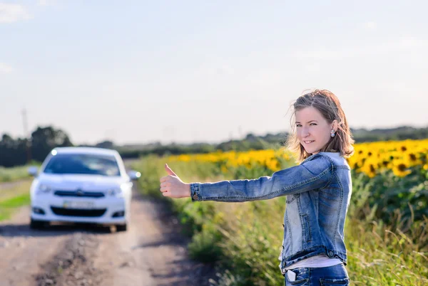 Young woman hitchhiking in the countryside — Stock Photo, Image