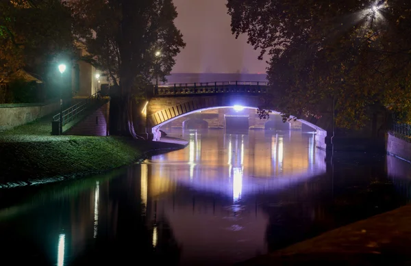 Ночная набережная, мост через реку, осенние деревья — стоковое фото
