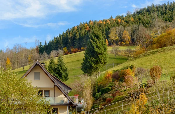 Paisagem da paisagem rural de outono com fazendas de madeira na colina verde e montanhas no fundo, Alemanha — Fotografia de Stock