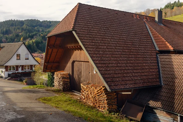 Krajina z podzimní krajiny s dřevěné usedlosti na zelené kopce a hory v pozadí, Německo — Stock fotografie