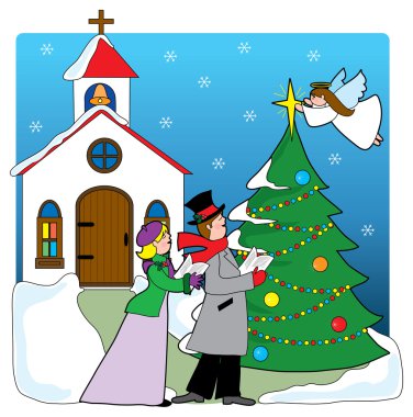 A pair of carolers singing in front of a church clipart