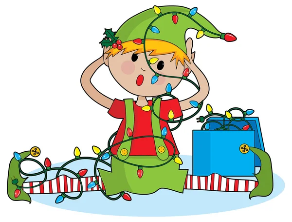 A cute little elf tangled in Christmas lights — Stock Vector