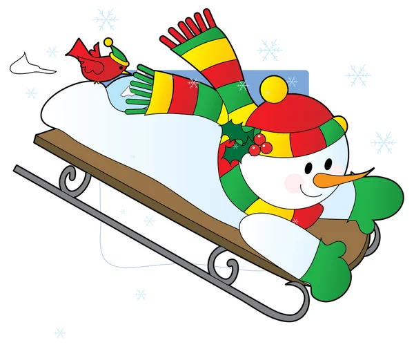 坐雪橇滑下一座小山堆雪人 — 图库矢量图片