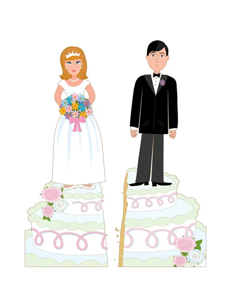 Novia y novio en un pastel de bodas — Vector de stock