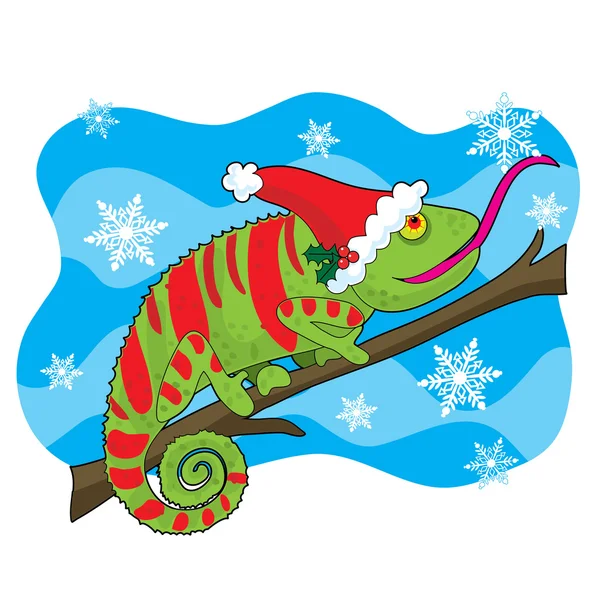 Ein Chamäleon mit Weihnachtsmütze — Stockvektor