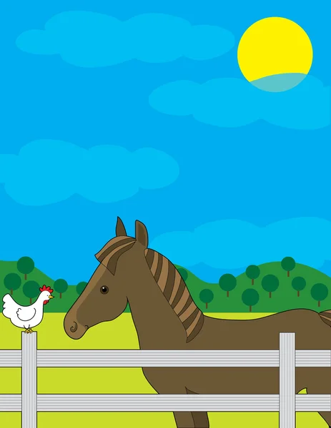 Un cheval de châtaigne dans un champ clôturé . — Image vectorielle