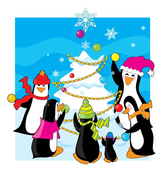 Familia de pingüinos y árbol de hielo — Archivo Imágenes Vectoriales