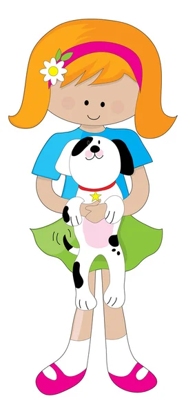 A little girl holding puppy in her arms — Stock Vector