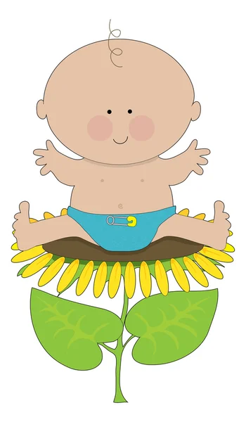Baby boy on  sunflower — Stock Vector