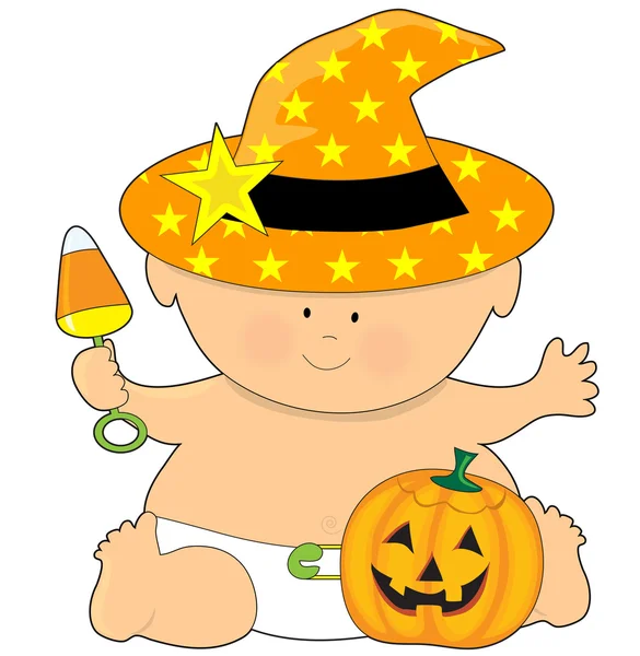 A baby dressed in a witch's hat — Stock Vector