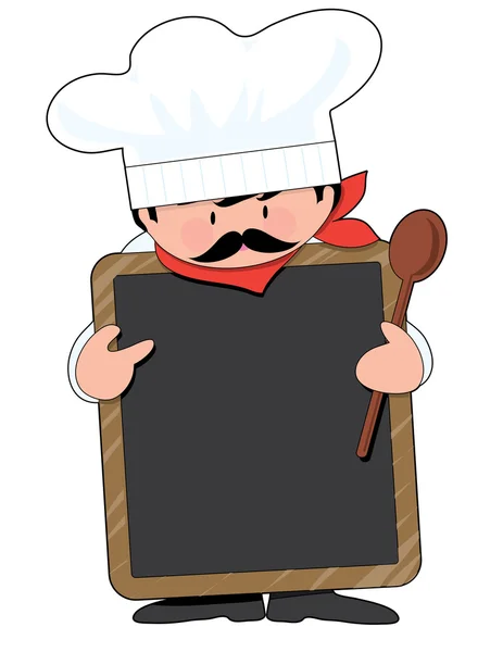 A cute chef is holding up a chalkboard and a wooden spoon — Stock Vector