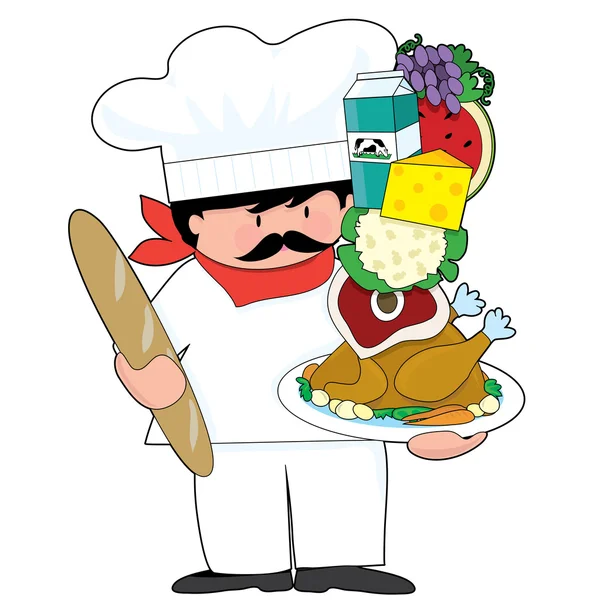 A cute chef holding a plate with a stack of food — Stock Vector